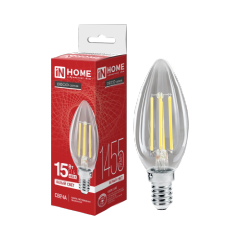 Лампа светодиодная LED-СВЕЧА-deco 15Вт 230В Е14 4000К 1455Лм прозрачная IN HOME