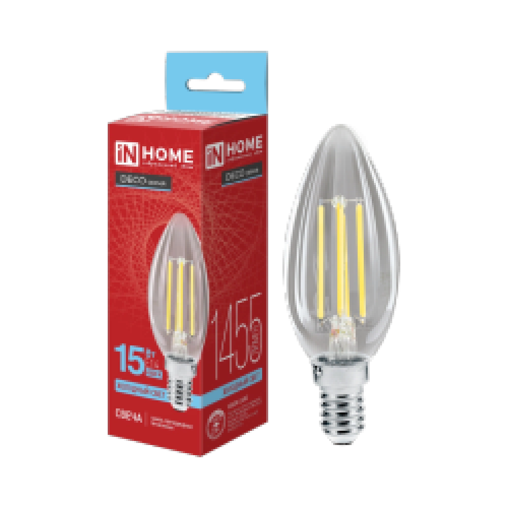 Лампа светодиодная LED-СВЕЧА-deco 15Вт 230В Е14 6500К 1455Лм прозрачная IN HOME