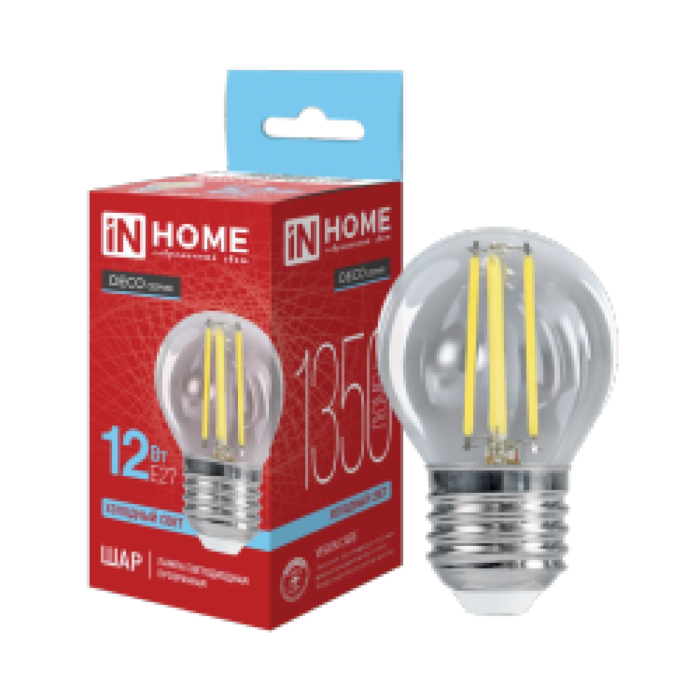 Лампа светодиодная LED-ШАР-deco 12Вт 230В Е27 6500К 1350Лм прозрачная IN HOME