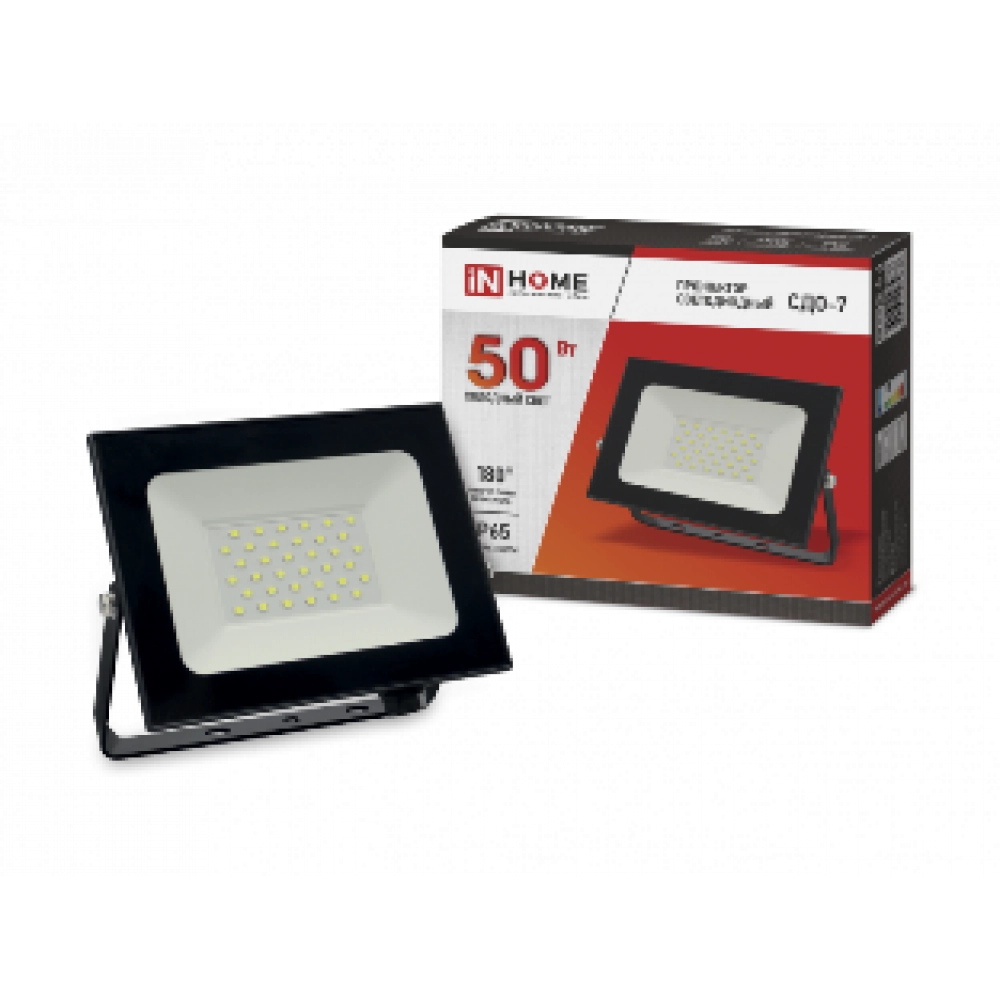 Прожектор светодиодный СДО-7 50Вт 230В 6500К IP65 черный IN HOME