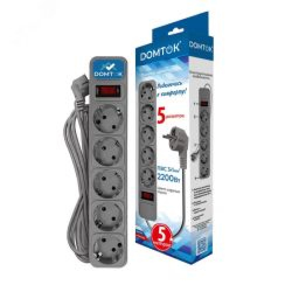 Фильтр-удлинитель "DOMTOK" 5 гнезд, 5м ПВС 3*1, 10А/2,2кВт, выключатель с индикацией, с/з, серый 